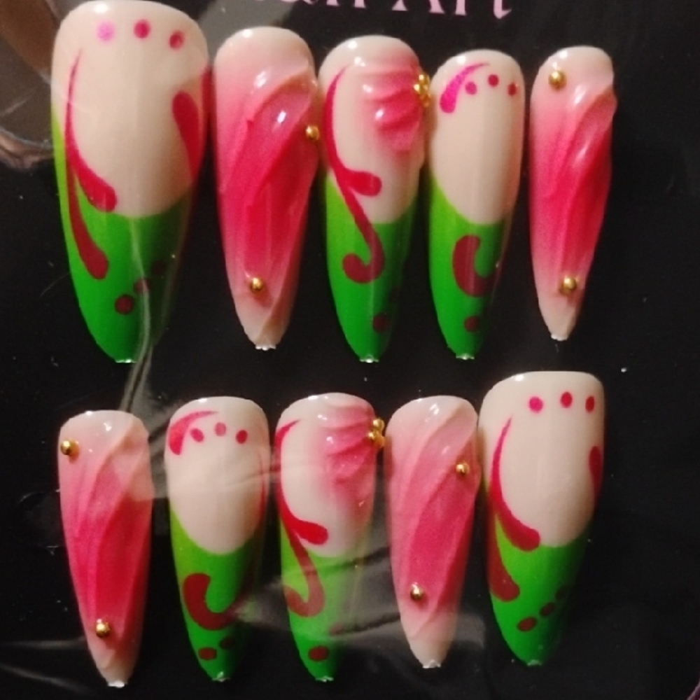 Green and Pink Floral Press On Nail Sz Med